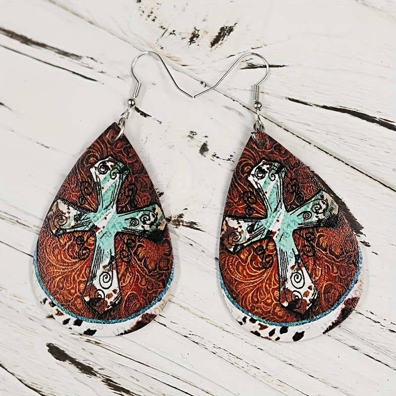Retro Antique Style Cross PU Leather Earrings Double sided Jewelry